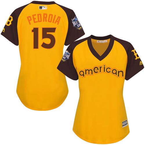 Red Sox #15 Dustin Pedroia Gold 2016 All-Star American League Women's Stitched MLB Jersey
